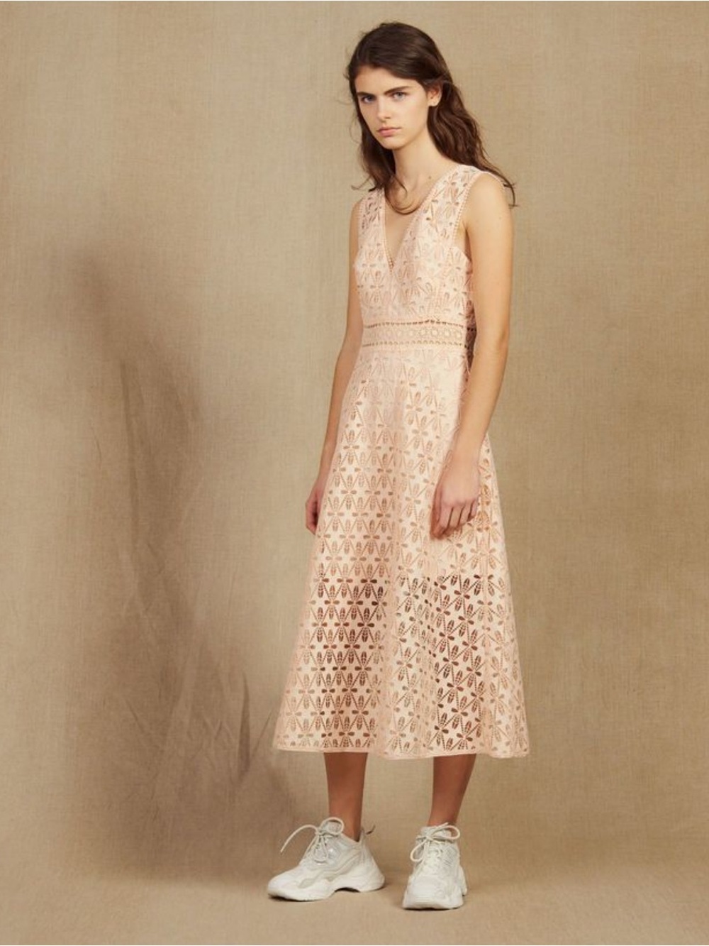 Sandro Pale Pink Laser-Cut V-Neck Midi Dress